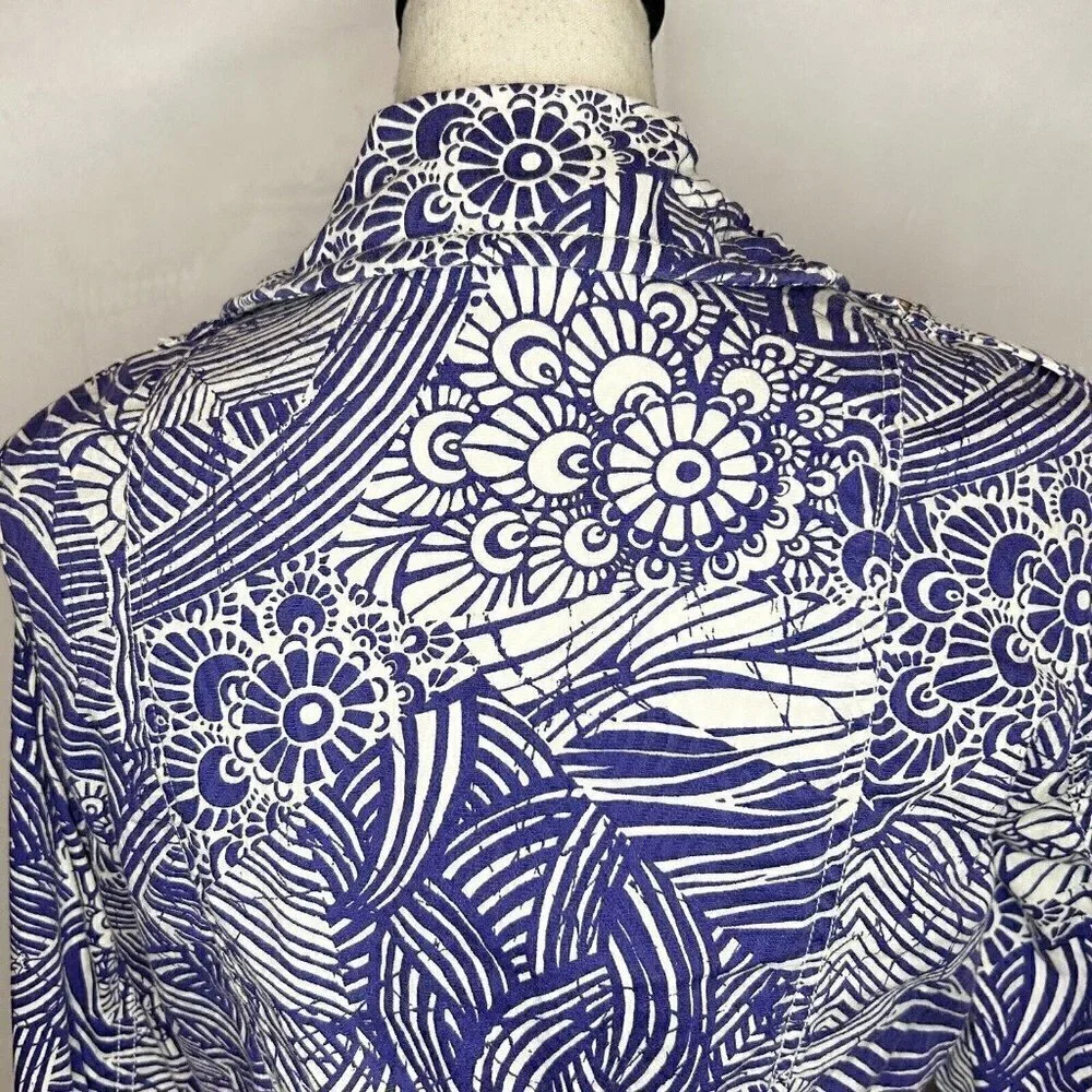 COLDWATER CREEK Utility Full Zip Jacket Sz 6 Floral Print Lapis Purple and White
